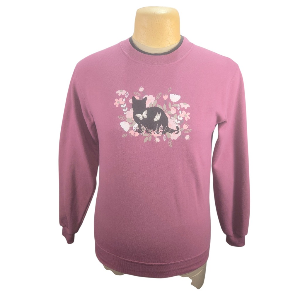Country Store‎ Sweatshirt Womens S Mauve Pink Cat Butterfly Floral Grandma Core